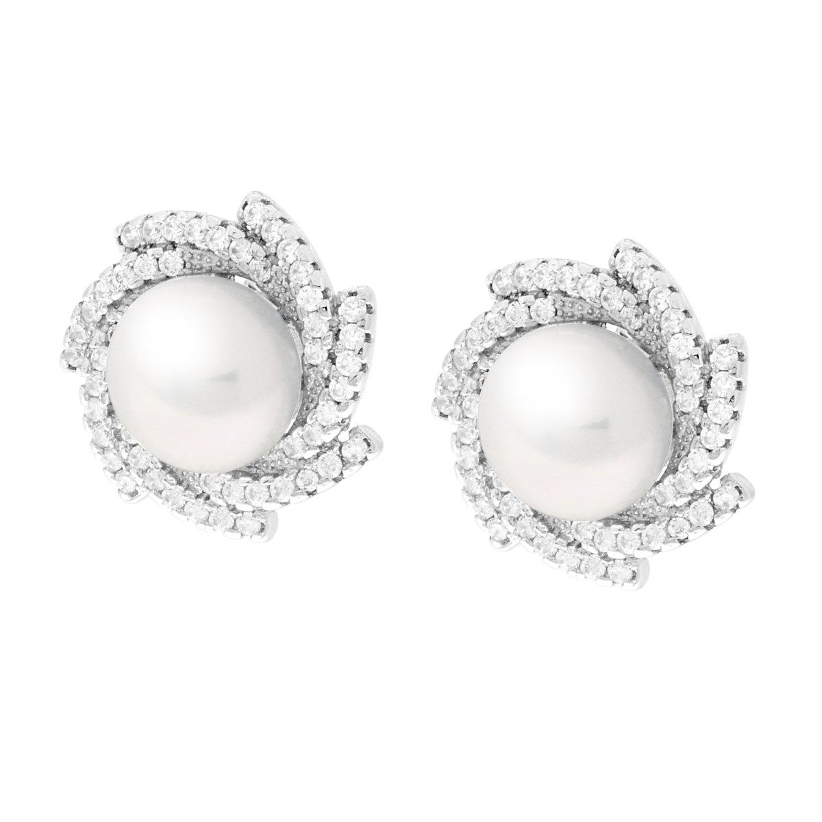Orecchini in oro bianco con perle e pavé di diamanti.
