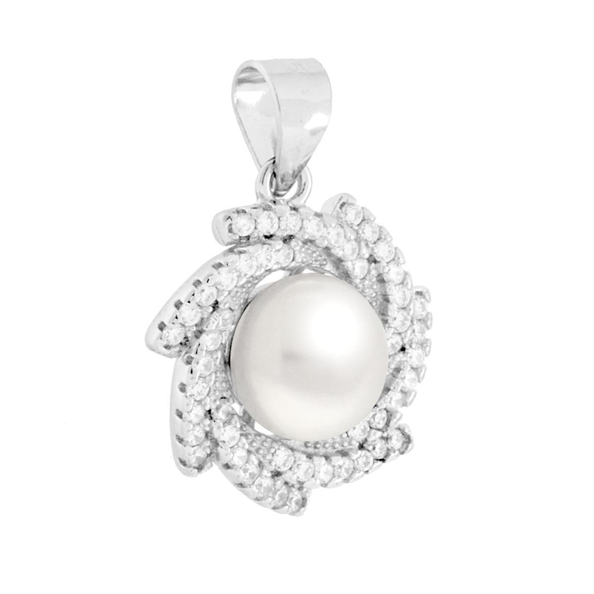 Ciondolo in argento con perla bianca e zirconi.
