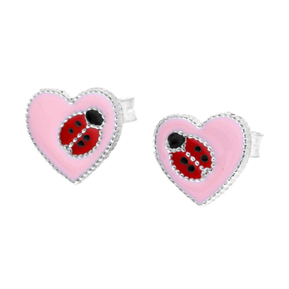 Orecchini Cuore Rosa con Coccinella, Argento S925