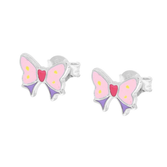 Orecchini a farfalla in argento con smalto rosa, viola e giallo.