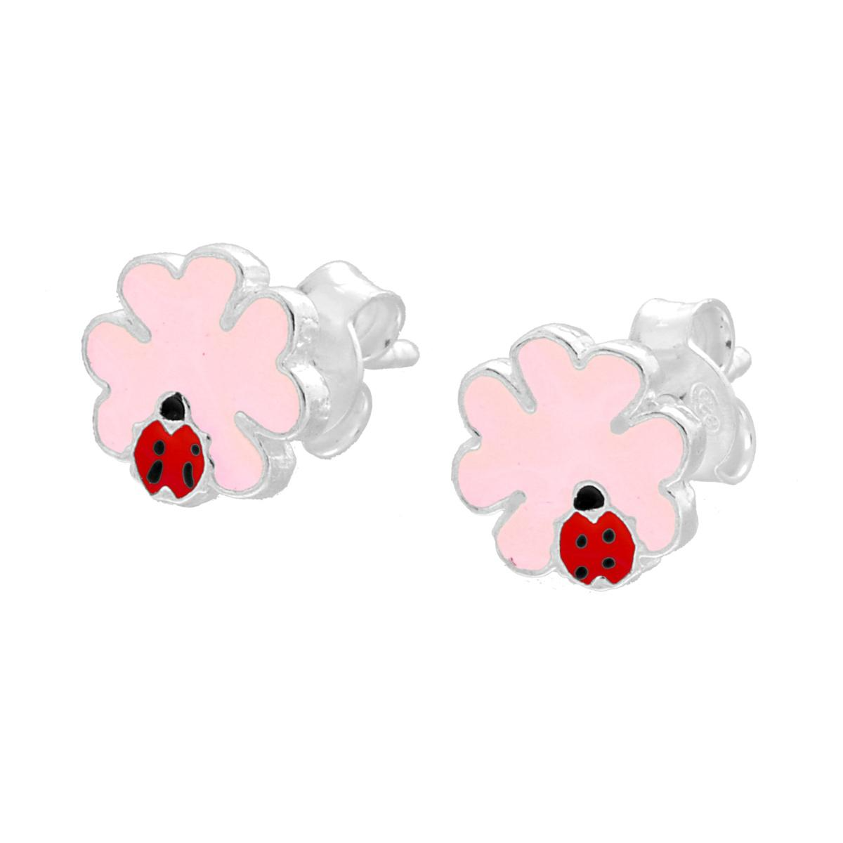 Orecchini Quadrifoglio Rosa con Coccinella, Argento S925
