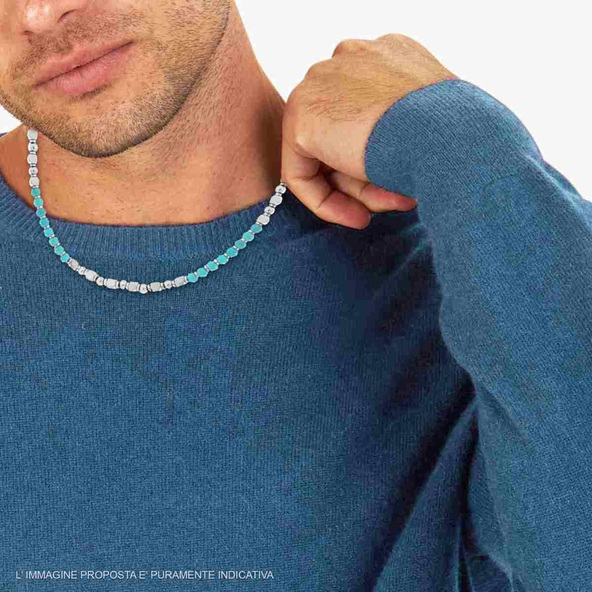 Necklace with Turquoise Stone Balls and Cubes, in Stainless Steel