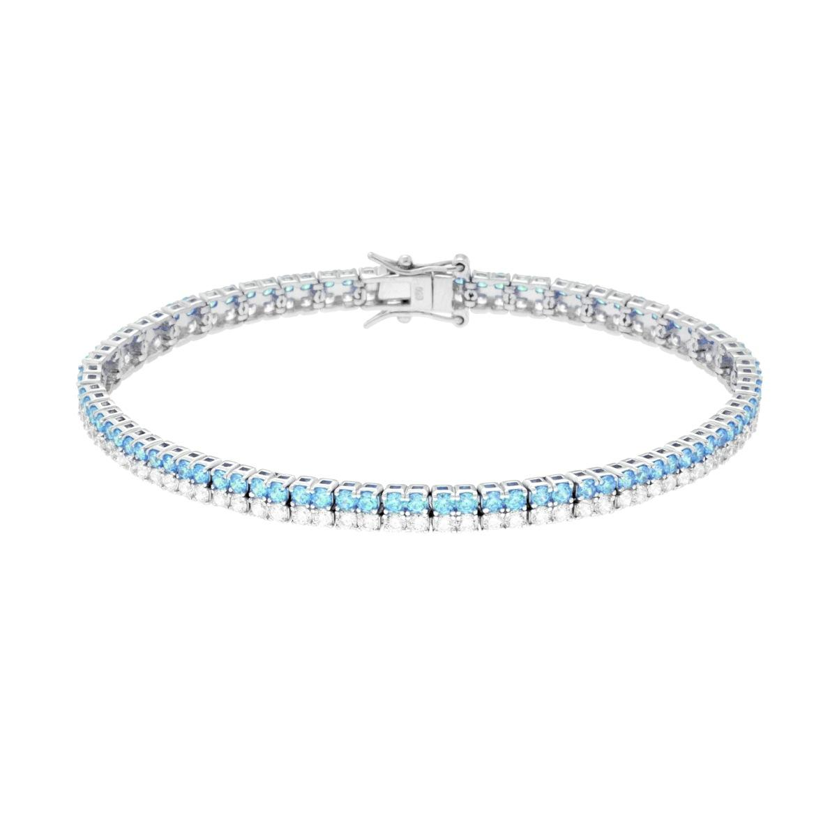 Bracciale a riviera con due file di pietre: una di zirconi bianchi e l'altra di zirconi azzurri, con chiusura a moschettone.