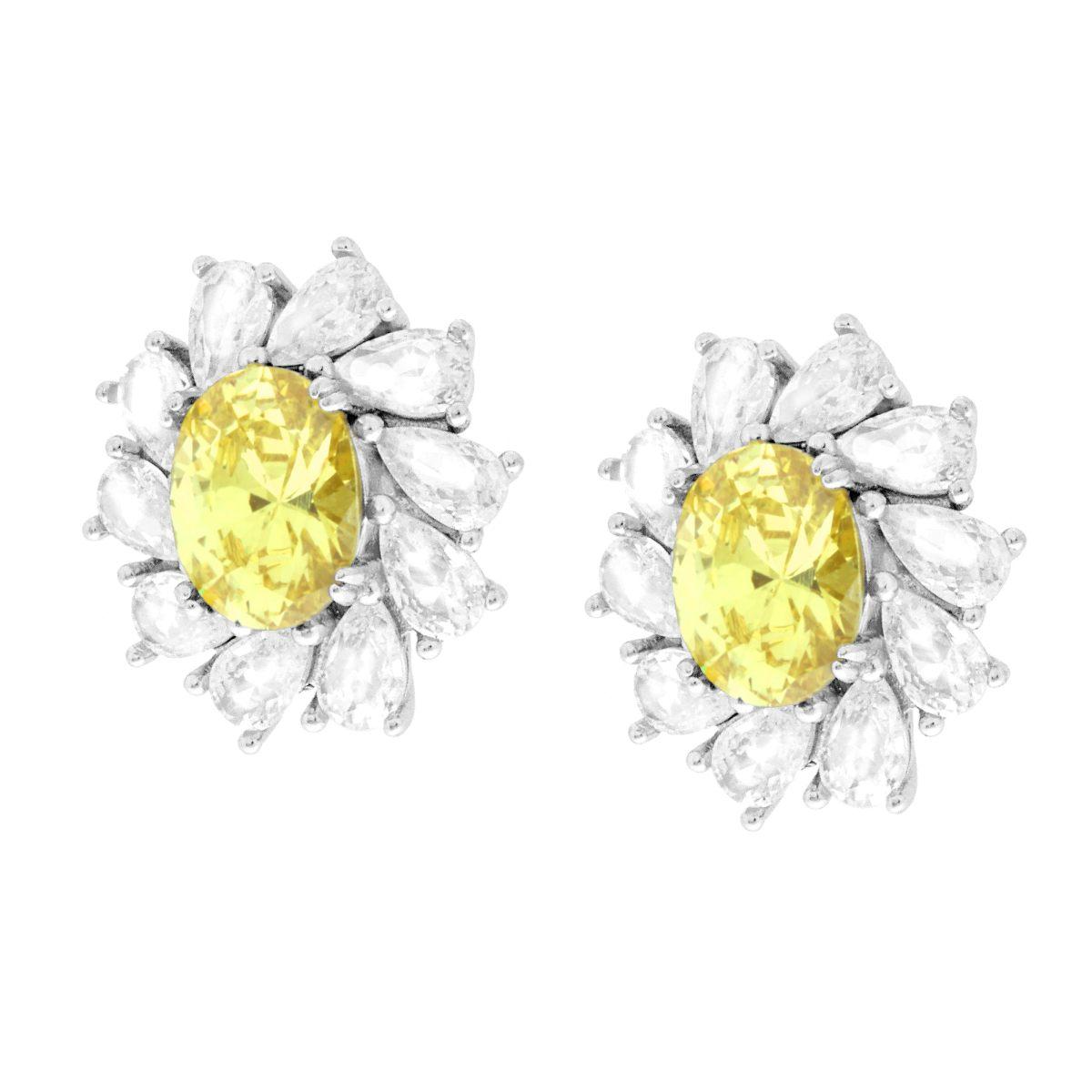 Orecchini in oro bianco con zaffiro giallo ovale centrale e diamanti a goccia.