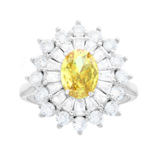 925 Silver Ring - Yellow Topaz & White Zircons