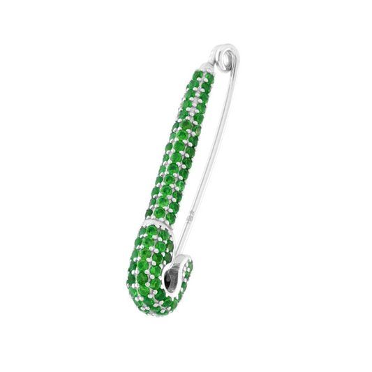 Spilla da balia in argento con pavé di smeraldi verdi.