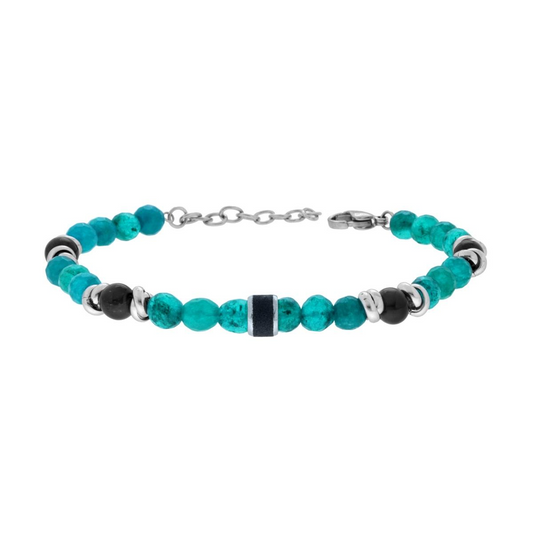 Bracciale con perline turchesi, perline nere e inserti in argento, su sfondo bianco.