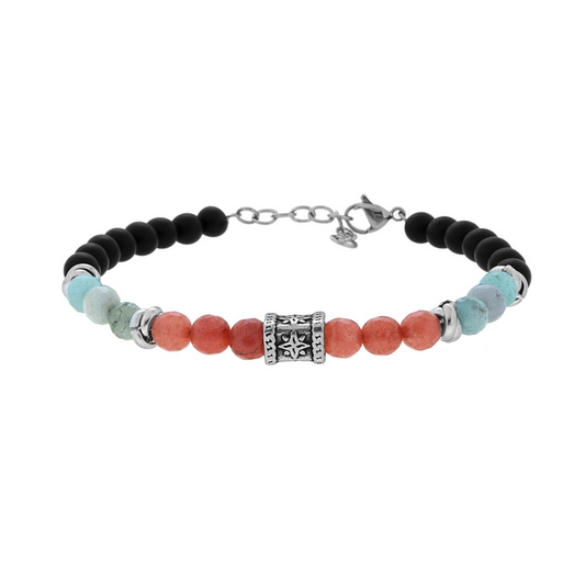 Bracciale da uomo con perle in pietra lavica nera, acquamarina e diaspro rosso. Elemento centrale decorato e chiusura in metallo.