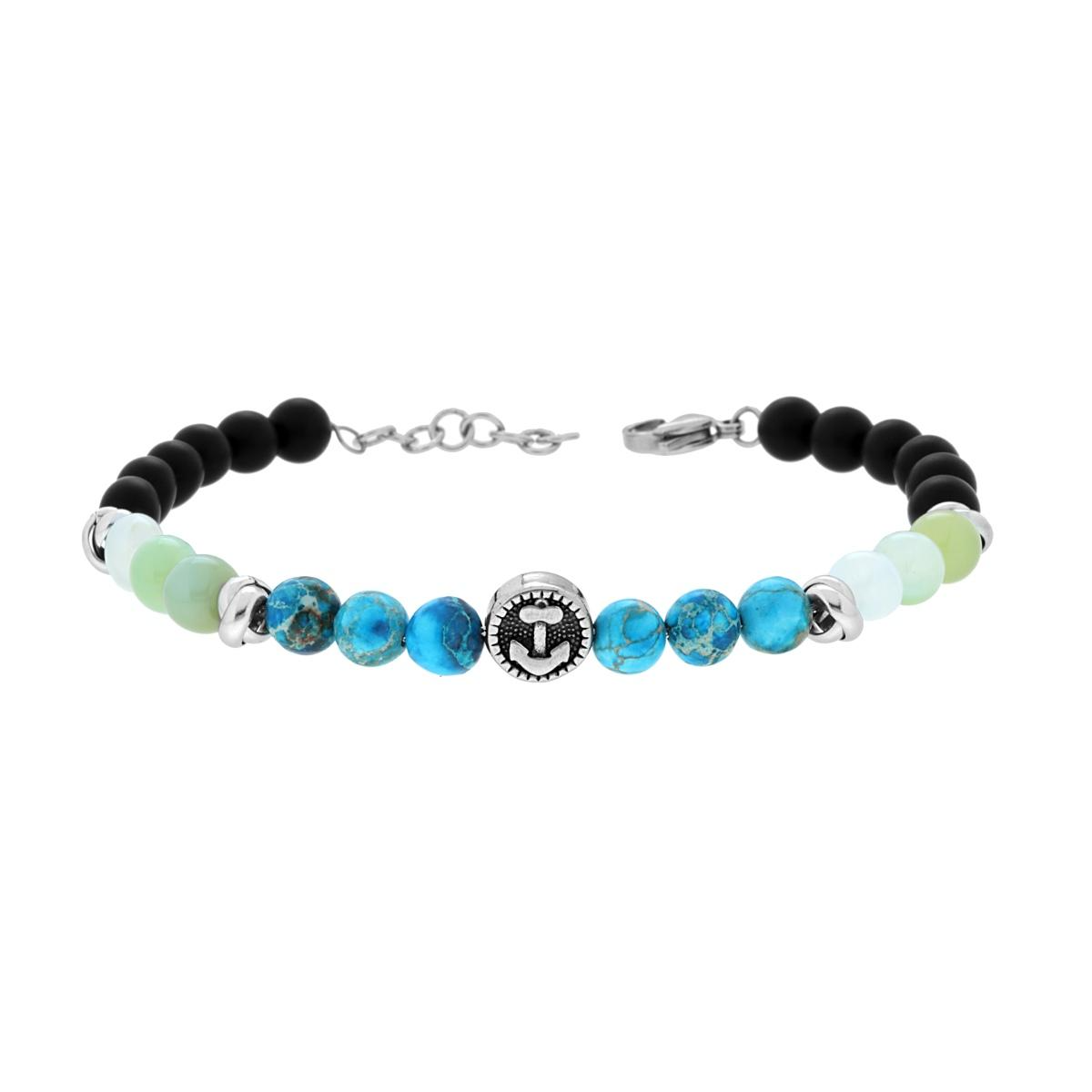 Braccialetto con perle di onice nero, diaspro e agata verde, e un ciondolo a forma di ancora.