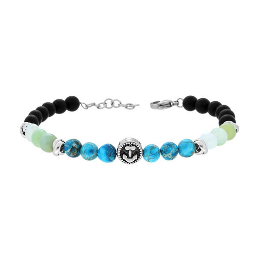 Braccialetto con perle di onice nero, diaspro e agata verde, e un ciondolo a forma di ancora.