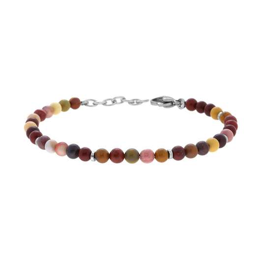 Braccialetto con pietre di diaspro mokaite di diversi colori e chiusura a moschettone in argento.