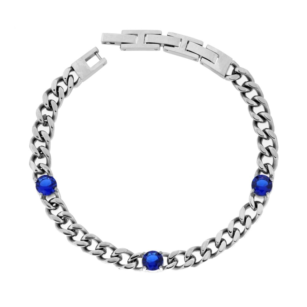 Bracciale a catena d'argento con tre pietre blu.