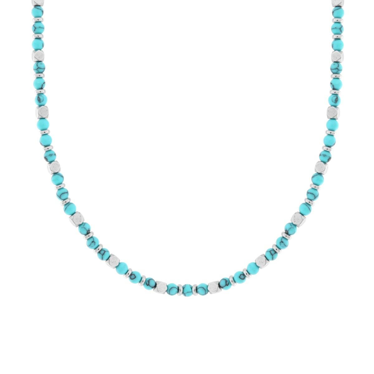 Collana con Palline Pietra Turchese e Cubetti ,in Acciaio Inox
