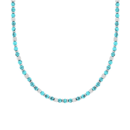 Collana girocollo con perle turchesi e perle argentate.