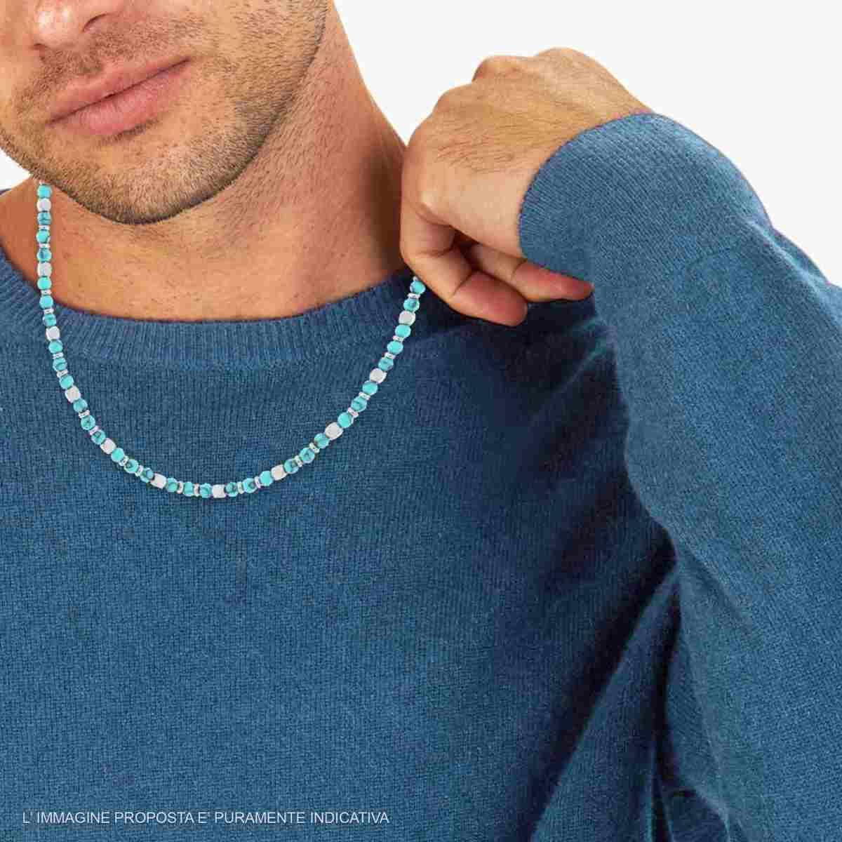 Collana con Palline Pietra Turchese e Cubetti ,in Acciaio Inox