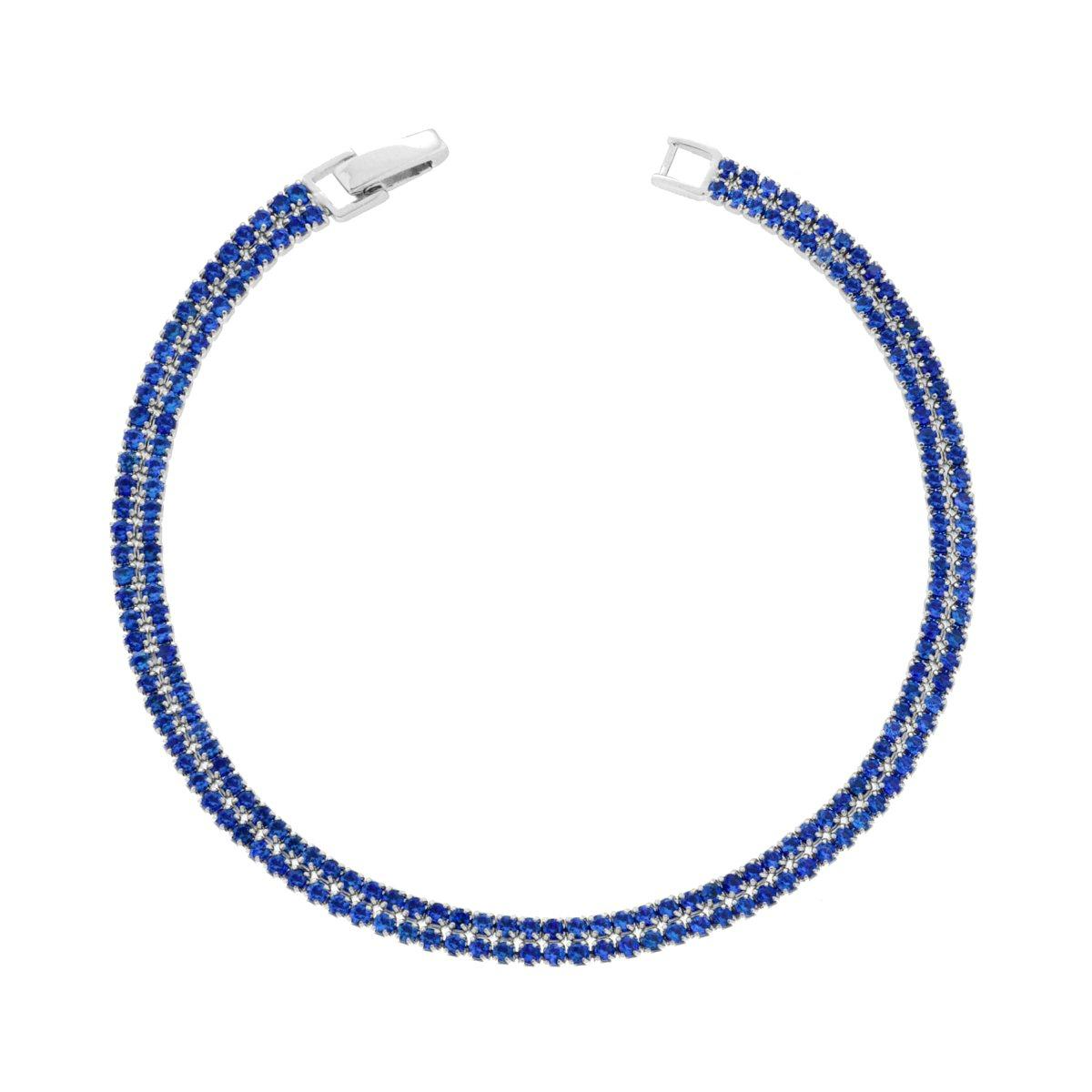 Bracciale tennis a due file di strass blu e bianchi, chiusura a scatto in metallo.