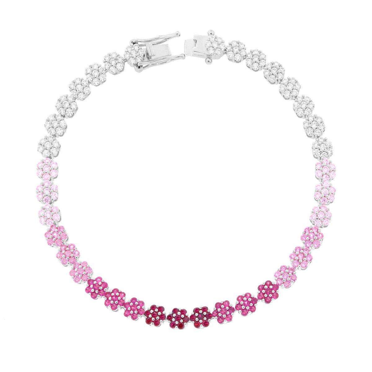 Bracciale tennis con fiori in cristallo sfumati dal bianco al rosa scuro.
