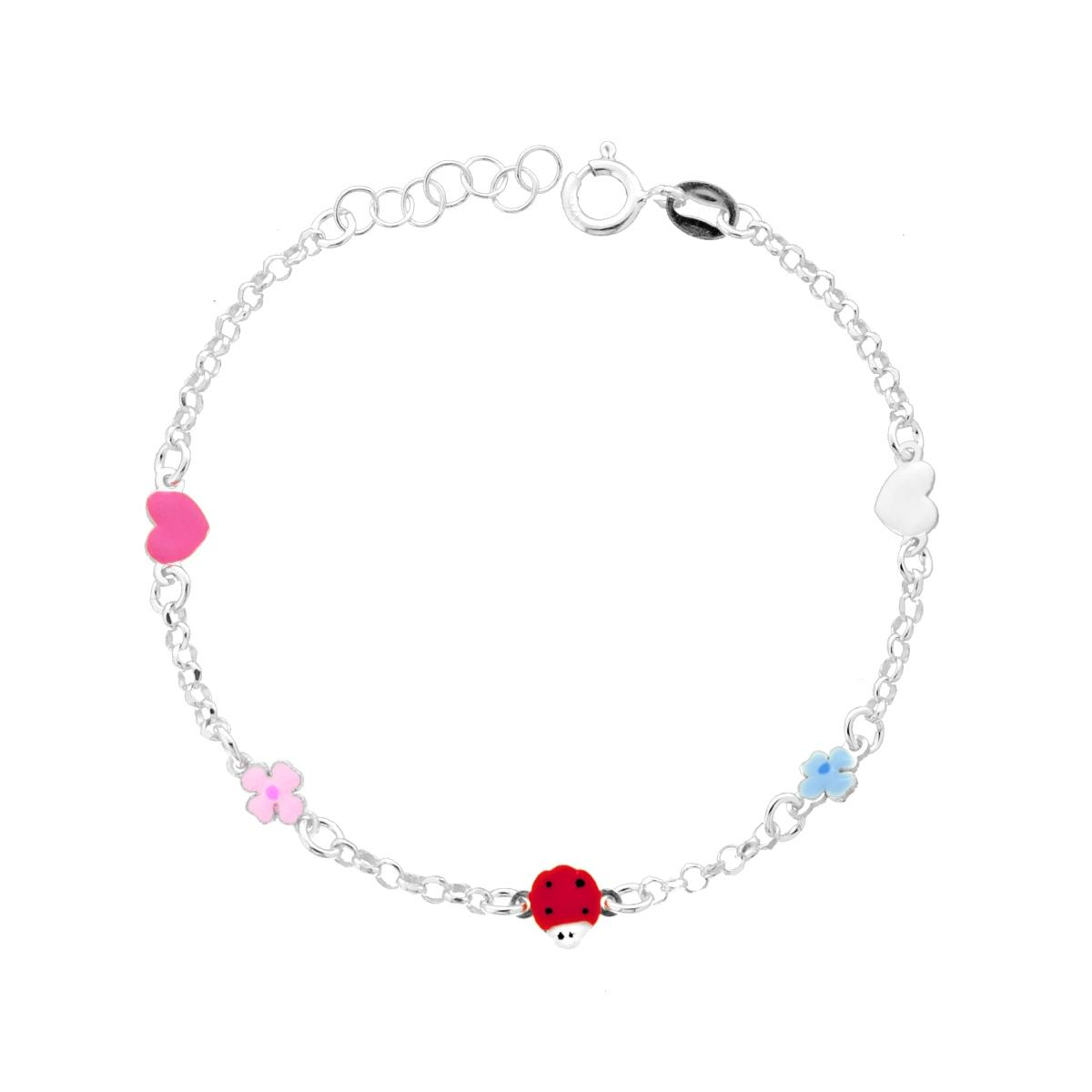 Braccialetto d'argento con ciondoli colorati a forma di cuori, fiori e coccinella smaltati.