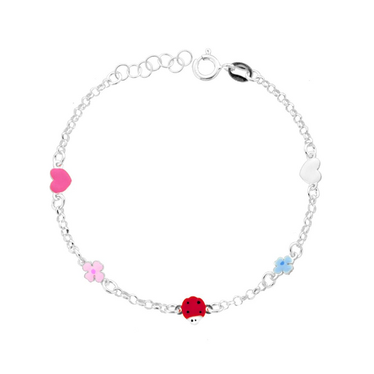 Braccialetto d'argento con ciondoli colorati a forma di cuori, fiori e coccinella smaltati.