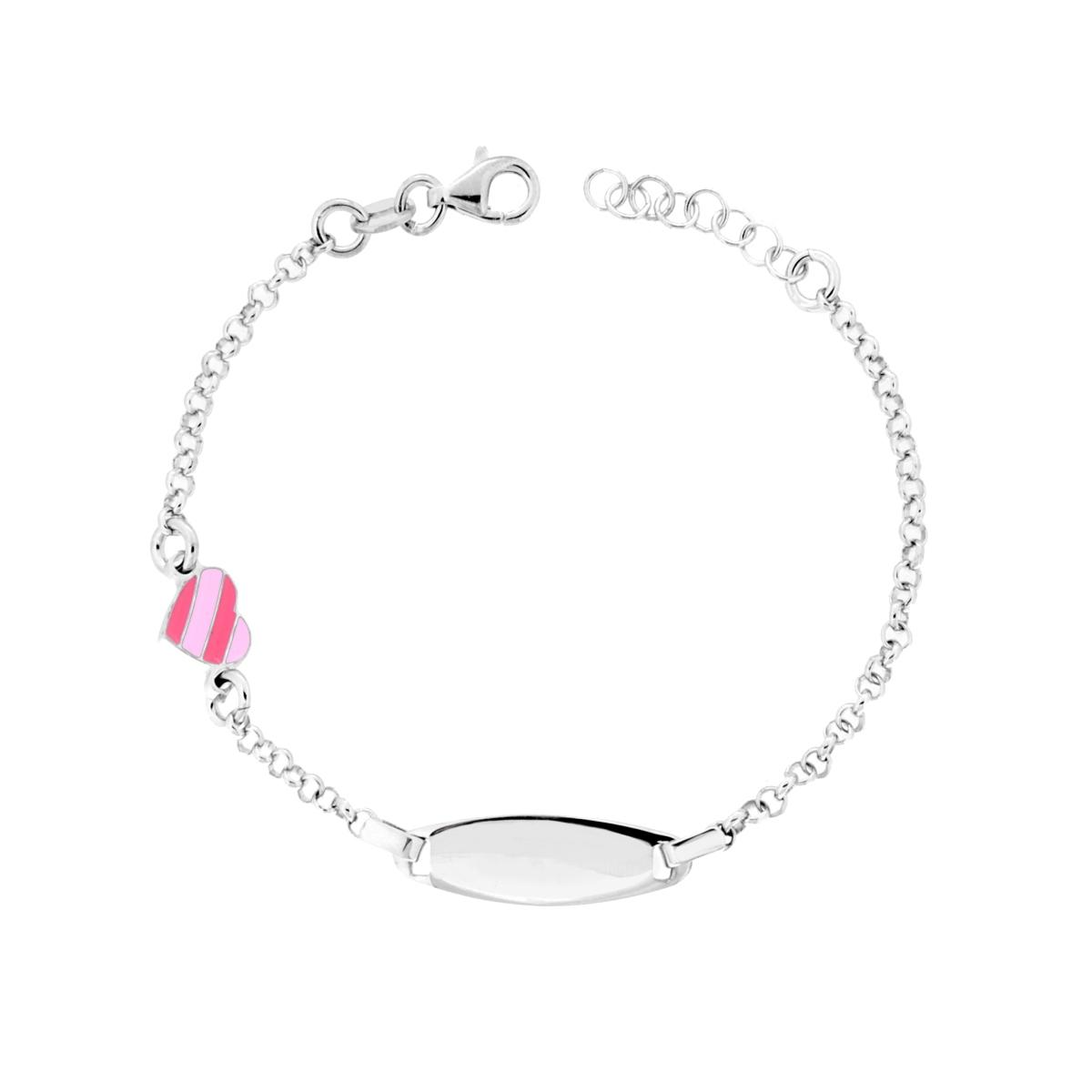Braccialetto per bambina in argento con placca personalizzabile e ciondolo a cuore smaltato rosa.