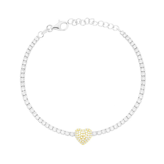 Bracciale a catena con zirconi e un cuore centrale pavé in oro.