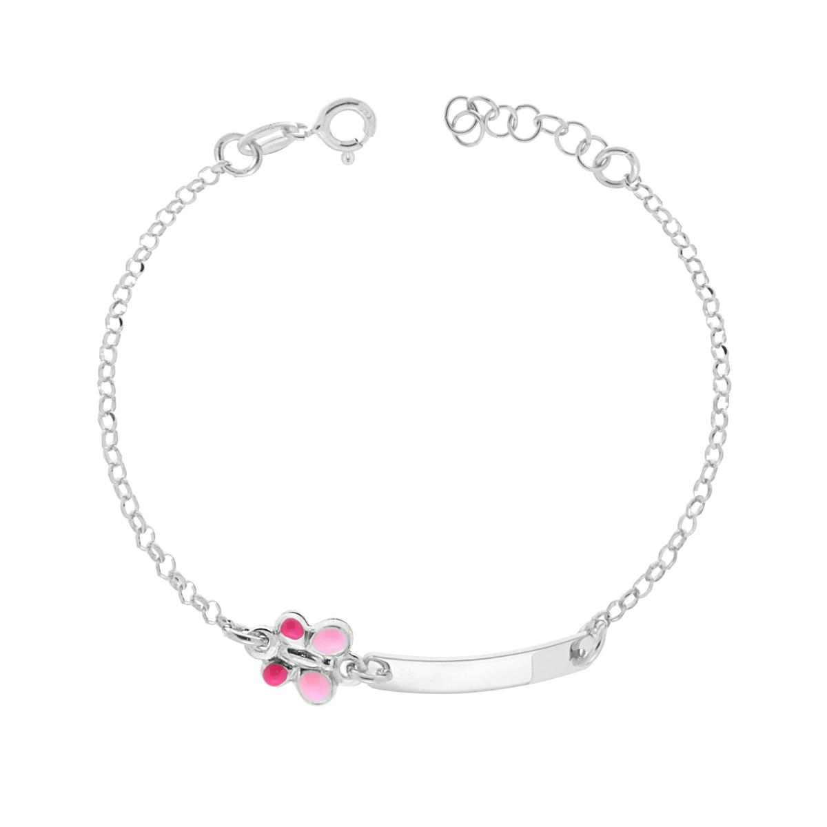 Braccialetto in argento per bambini con piastrina personalizzabile e farfalla smaltata rosa e fucsia.