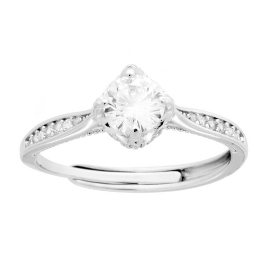 Anello solitario in argento con diamante e zirconi.