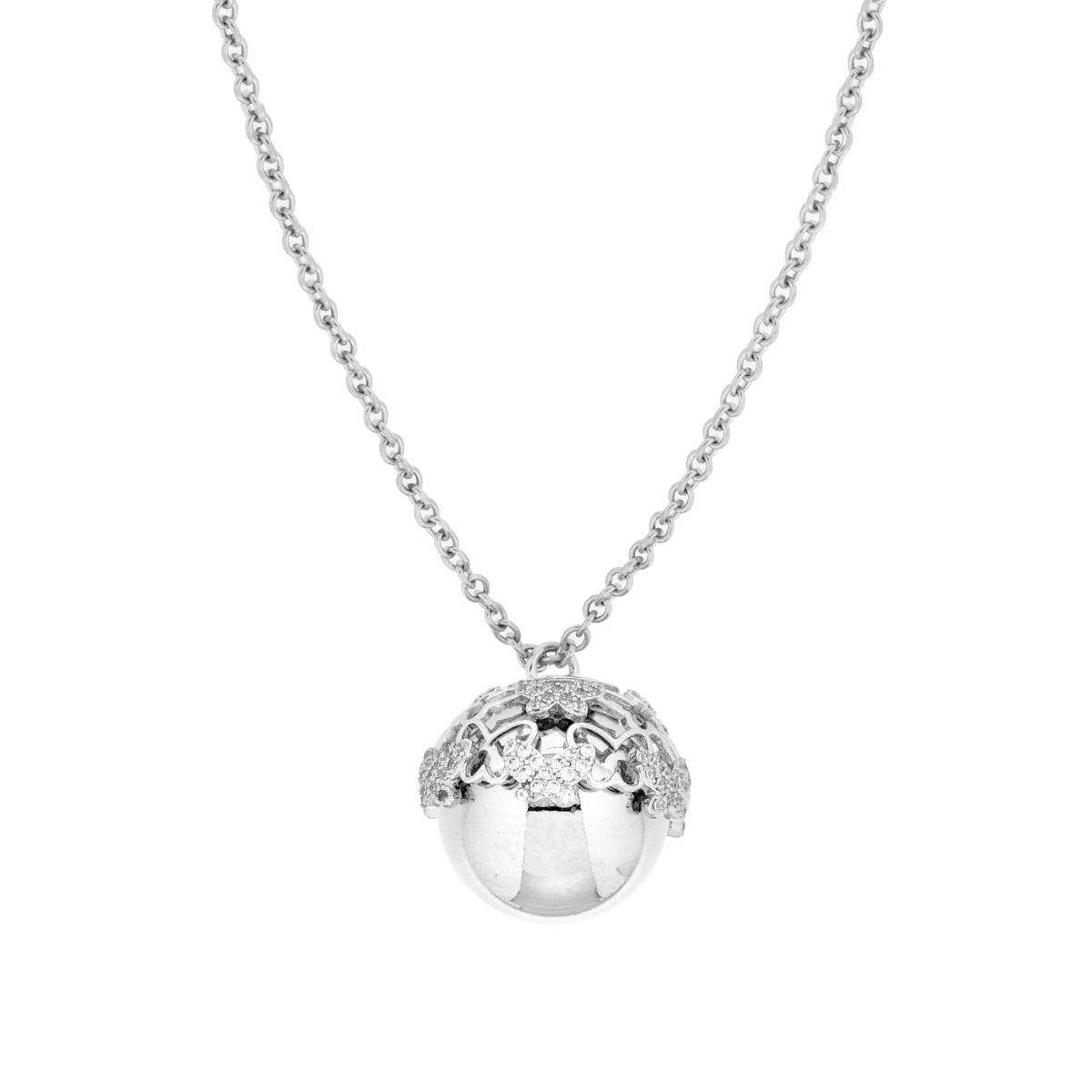 Collana in argento con ciondolo a sfera, metà lucida e metà traforata con zirconi.