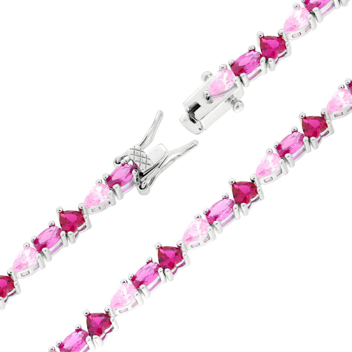 Bracciale Tennis Zirconi Multitaglio Rosso Rubino e Rosa, Argento s925