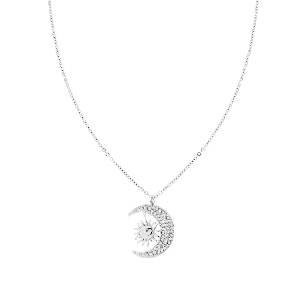 Collana con ciondolo a luna crescente e sole in argento.