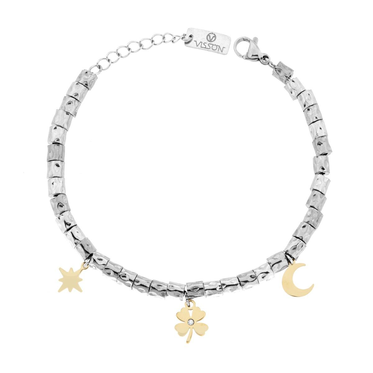 Bracciale VISSUN in acciaio con ciondoli a forma di stella, quadrifoglio e luna.