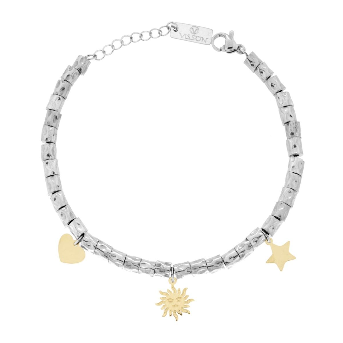 Bracciale Vissoni in acciaio con ciondoli a cuore, sole e stella.