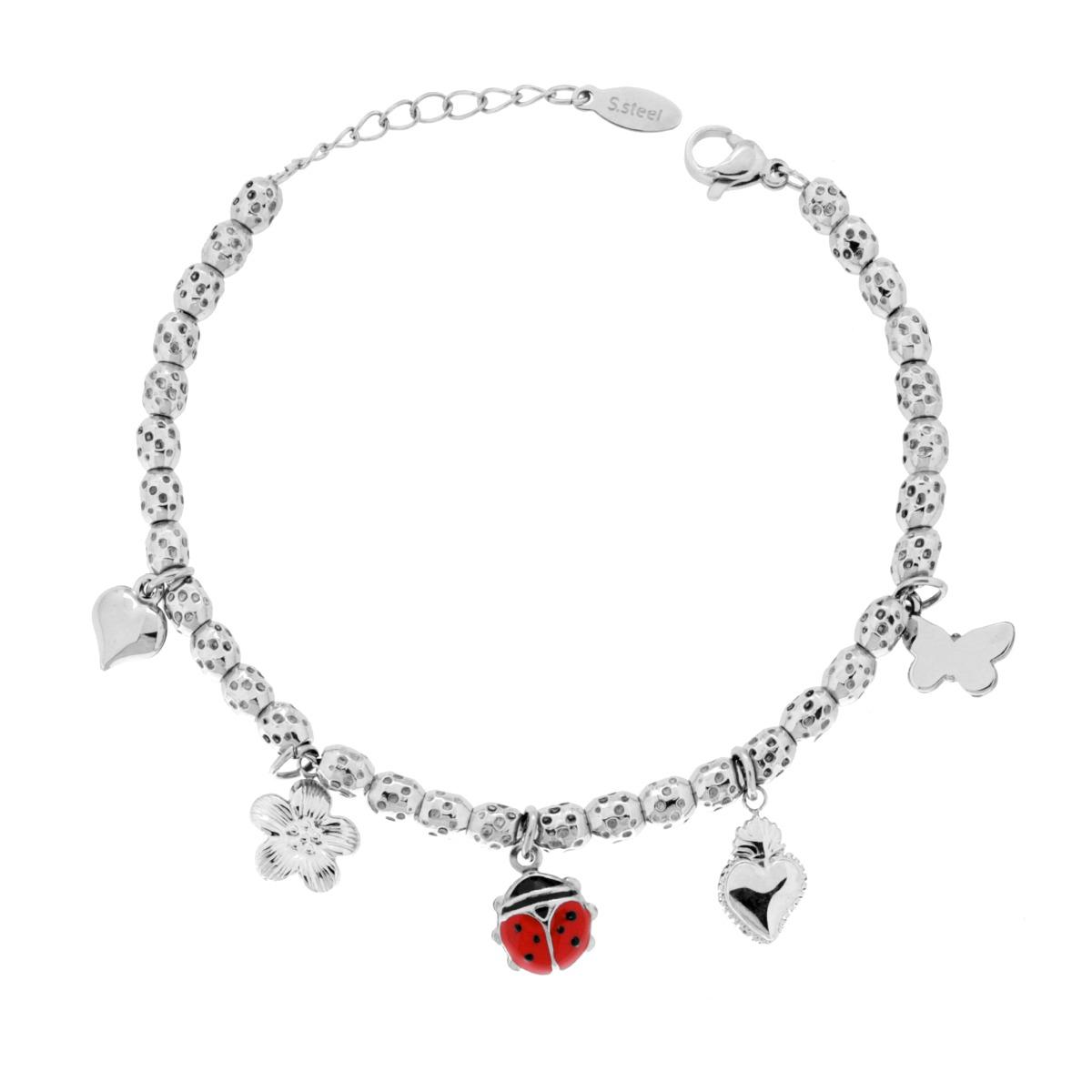 Braccialetto in acciaio con perline e ciondoli: coccinella rossa, farfalla, fiore e cuori.