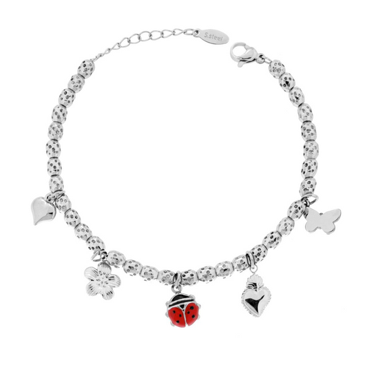Braccialetto in acciaio con perline e ciondoli: coccinella rossa, farfalla, fiore e cuori.