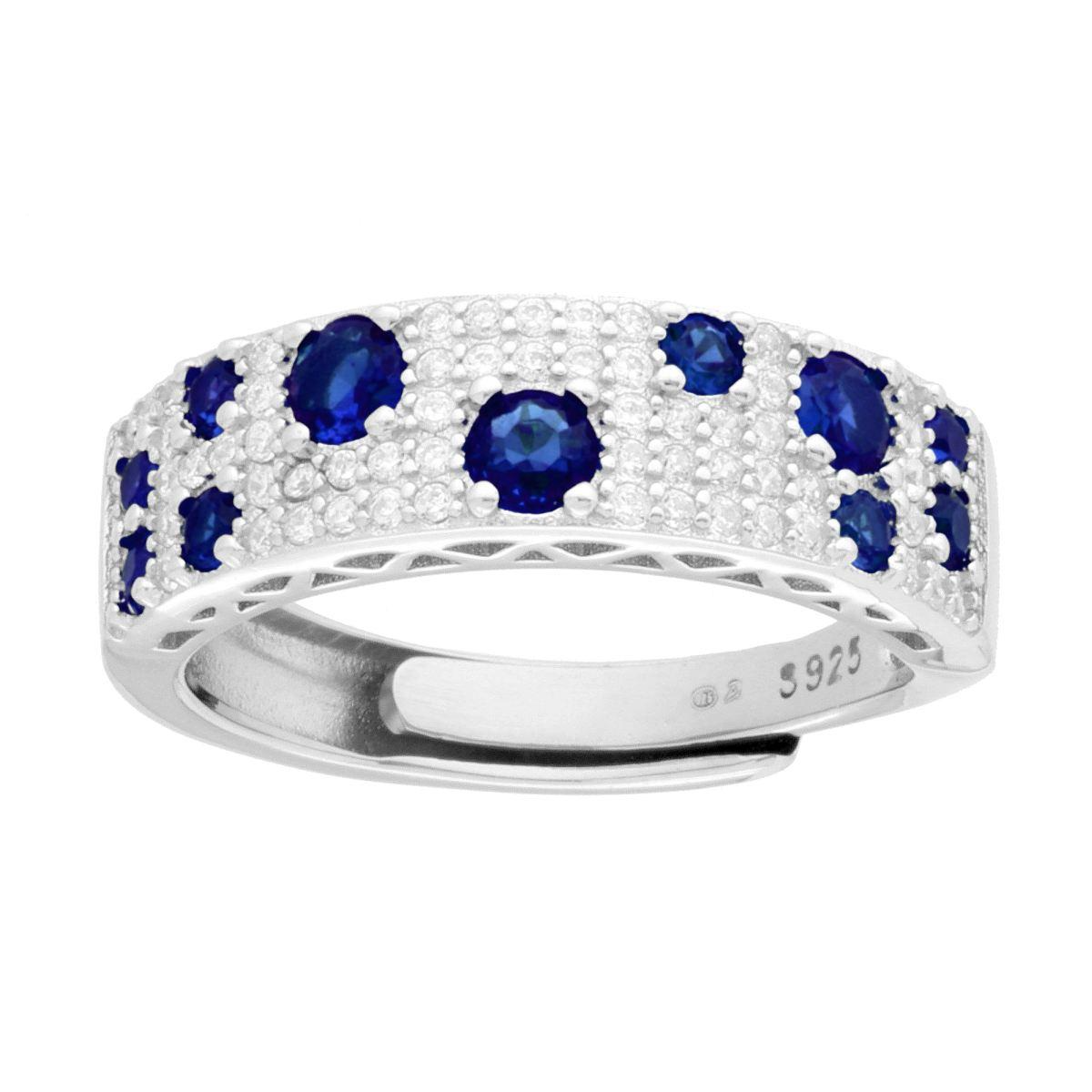 Anello regolabile in argento 925 con pavé di zirconi e zaffiri blu.