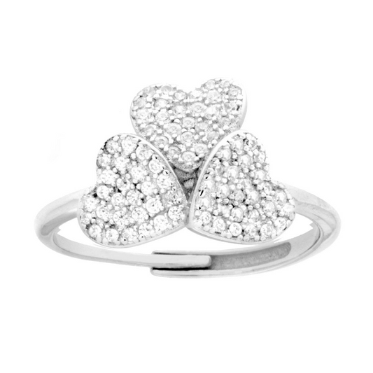 Anello regolabile in argento con tre cuori ricoperti di piccoli zirconi bianchi.