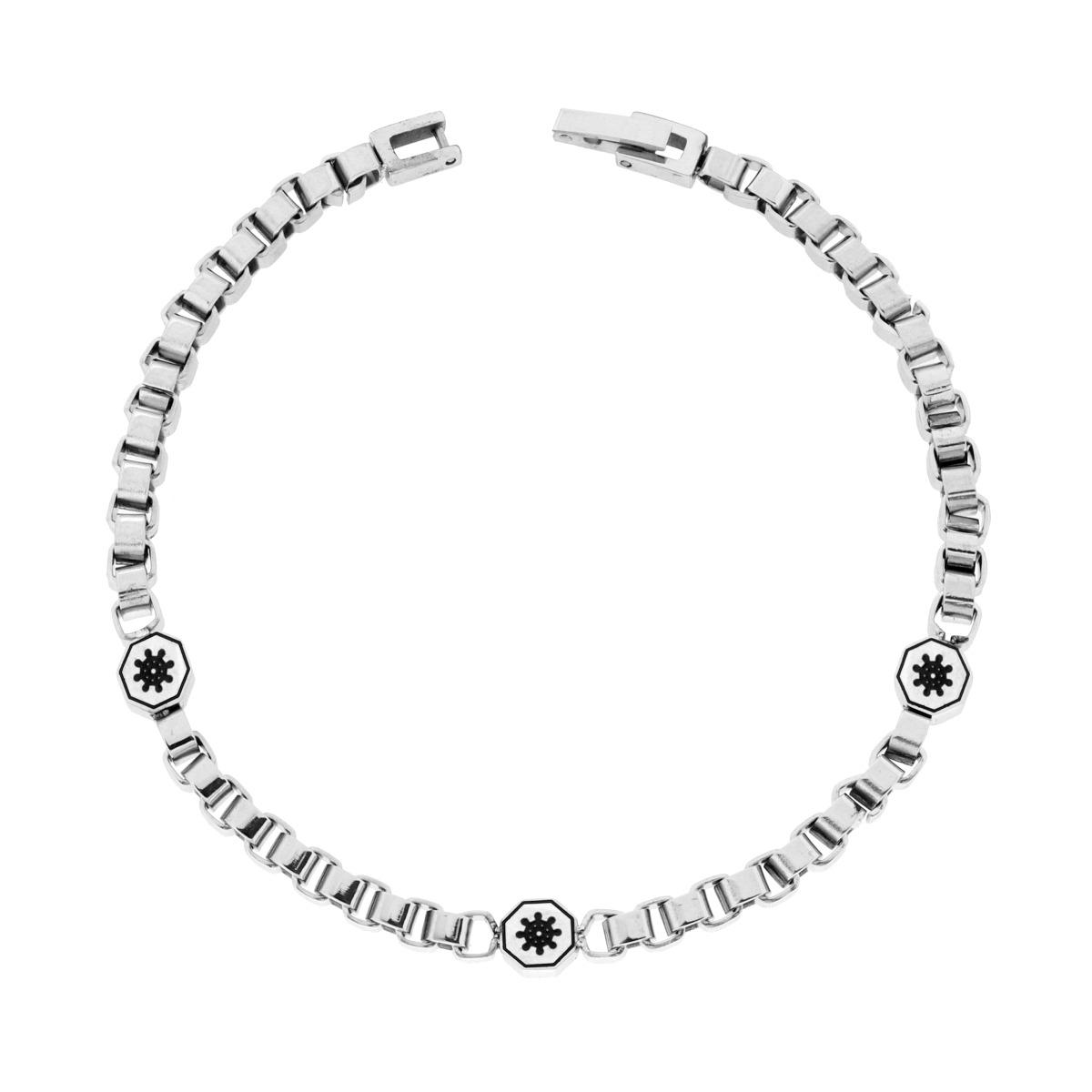 Bracciale in metallo a maglie quadrate, con tre inserti ottagonali neri decorati con un motivo a stella bianco.