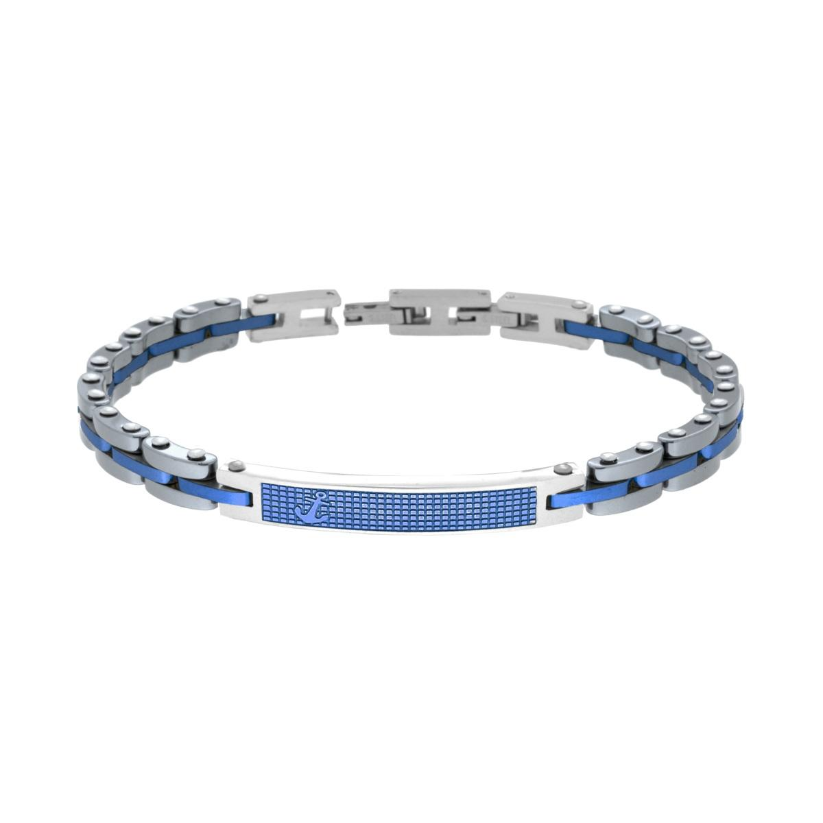 Bracciale in acciaio con maglie argentate e inserti blu, piastra centrale con decorazione a rete e logo.