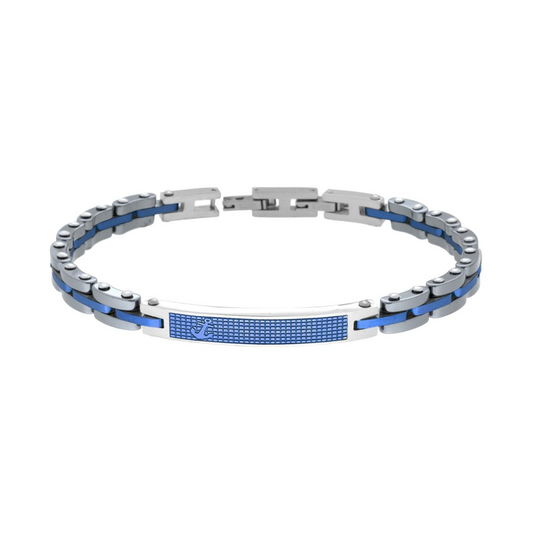Bracciale in acciaio con maglie argentate e inserti blu, piastra centrale con decorazione a rete e logo.