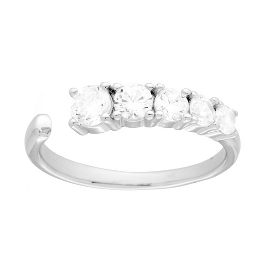 Anello a fascia aperta in oro bianco con cinque diamanti incastonati a griffe.