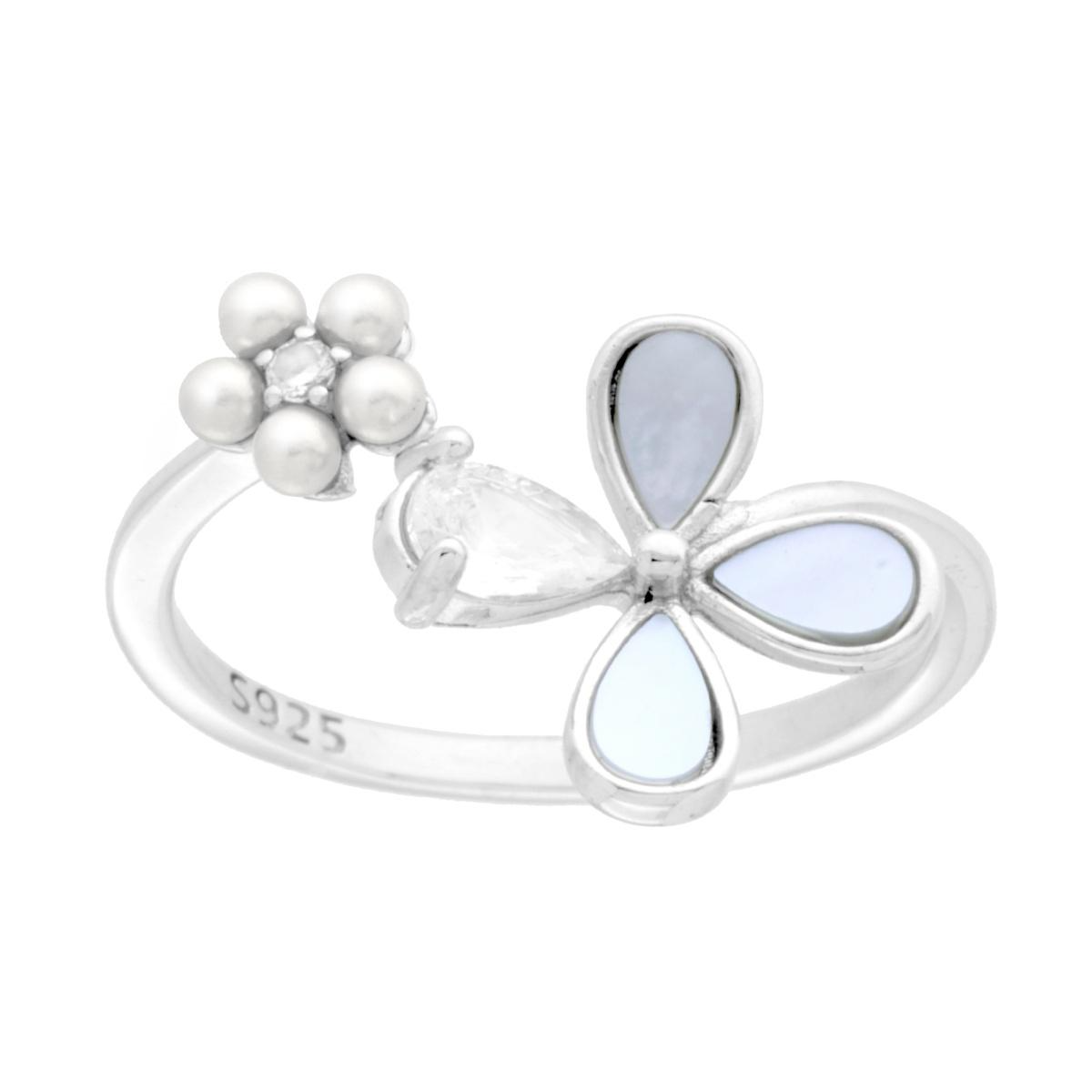 Anello in argento S925 a forma di farfalla con ali in madreperla e fiore con perle bianche e zircone.