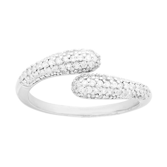 Anello a fascia aperta in oro bianco e diamanti.