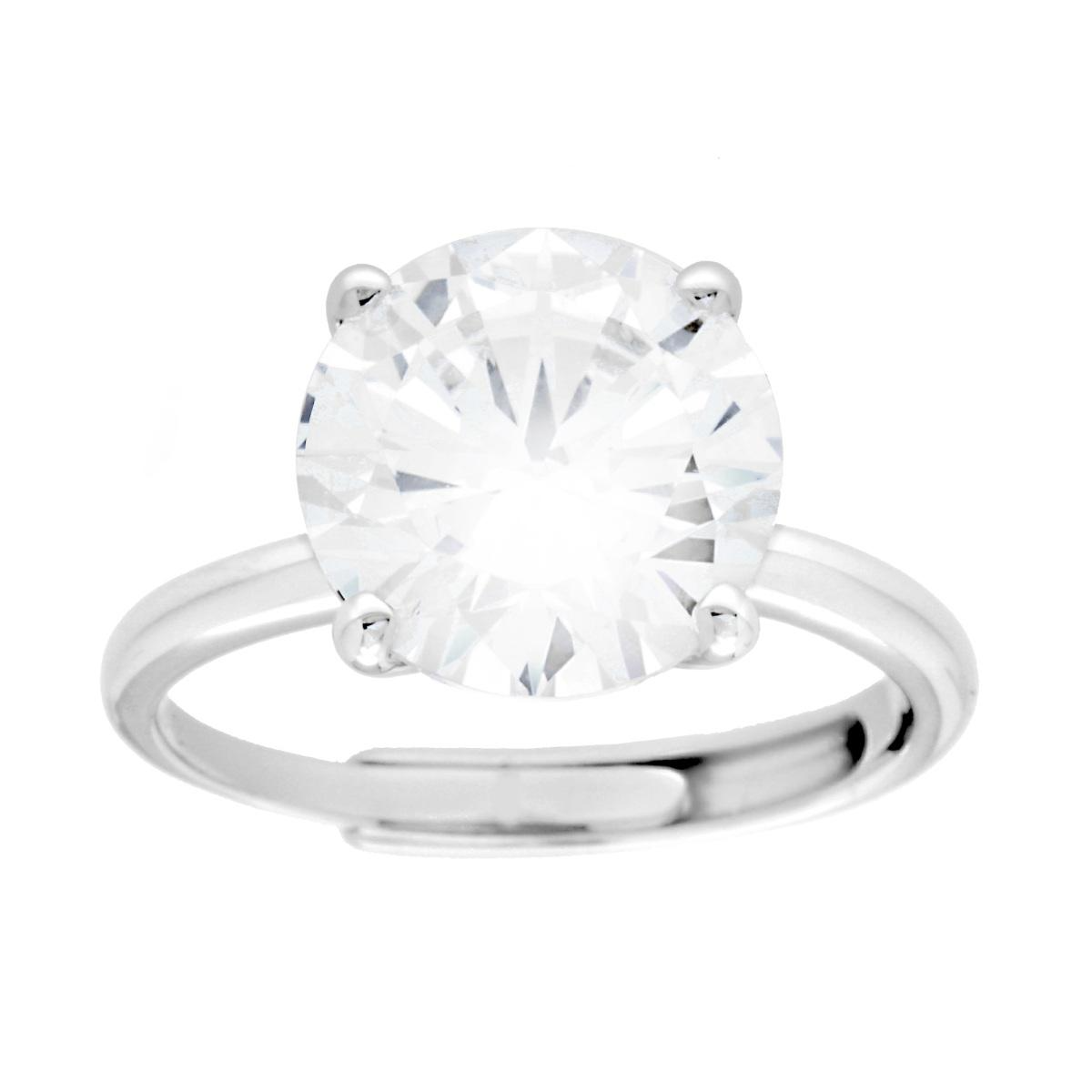Anello con solitario, grande diamante tondo a taglio brillante, incastonato in una montatura d'argento con quattro griffe.
