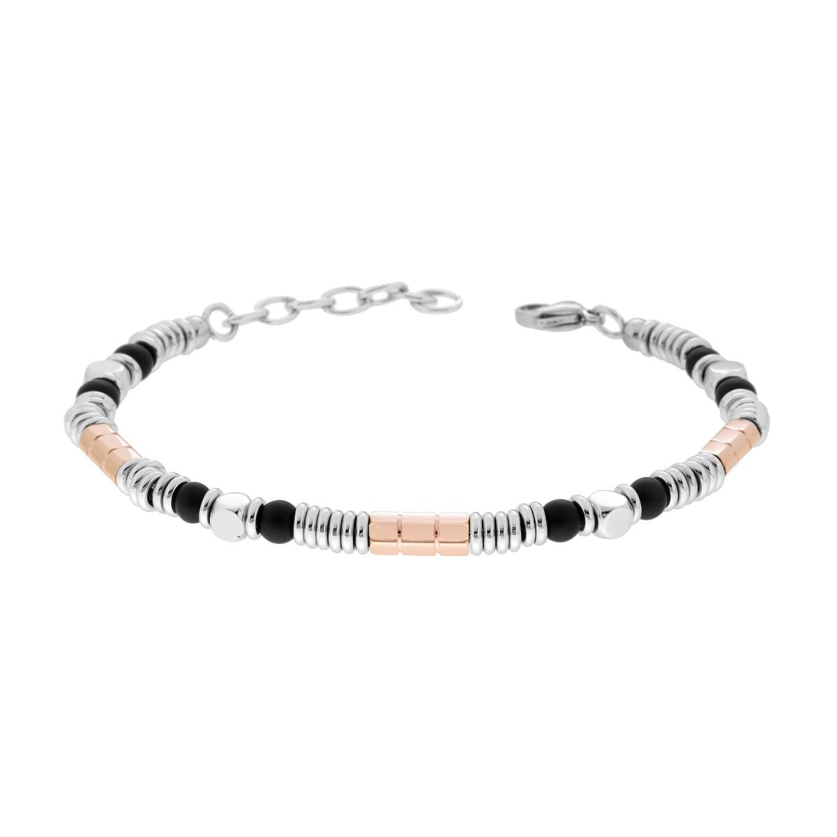 Bracciale Palline Nere con Bulloni colore Rosa, in Acciaio Inox