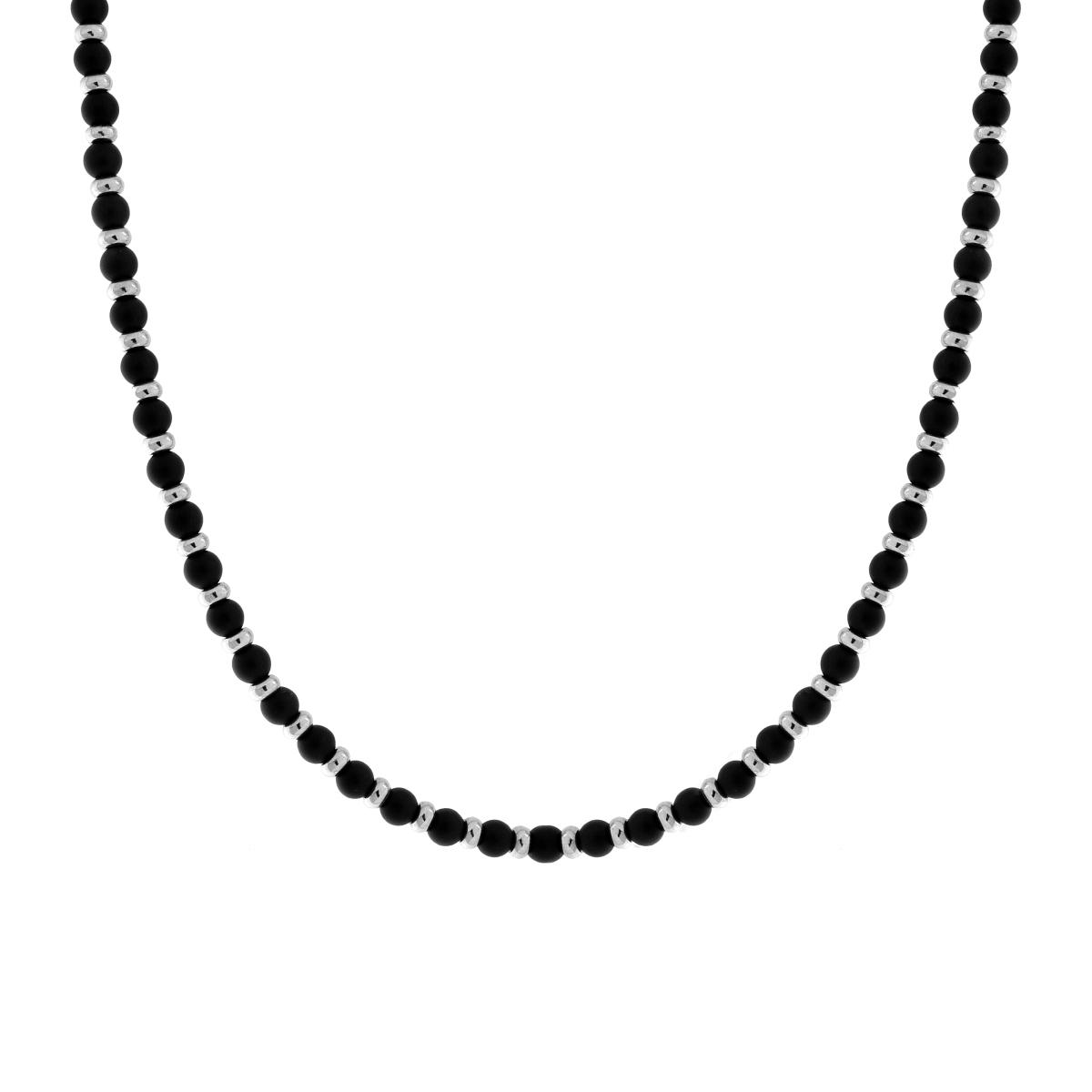 Collana da uomo con perle nere opache e perline di metallo argentato.
