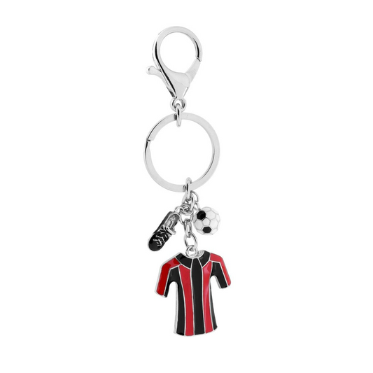 Portachiavi con maglietta, scarpetta da calcio e pallone. Colori rosso e nero.