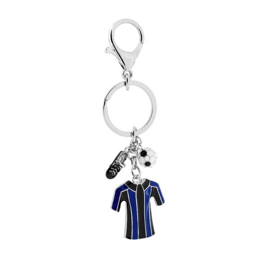 Portachiavi con maglietta a righe blu e nere, scarpa da calcio e pallone.