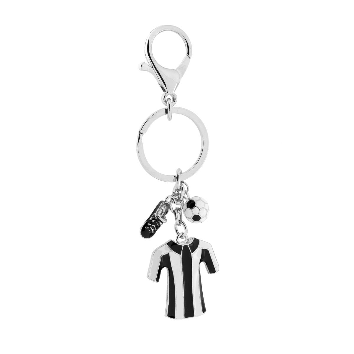 Portachiavi a tema calcio con maglia a righe bianche e nere, pallone e scarpa.