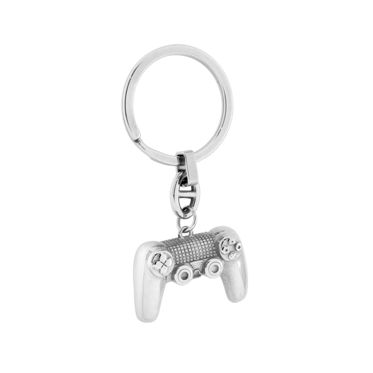 Portachiavi in metallo a forma di controller per videogiochi.
