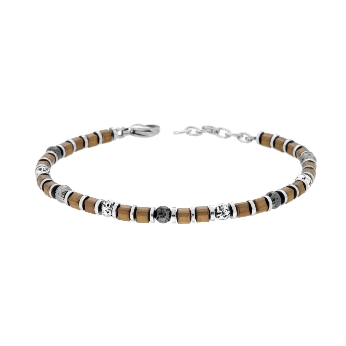 Bracciale da uomo con perline in legno marrone e dettagli in metallo e pietre scure.